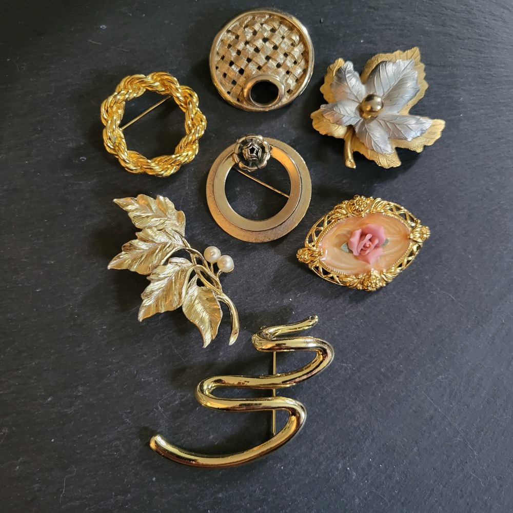 Vintage Gold Tone Brooch Lot 7pc Floral Leaf Abstract OS Cottagecore 80s‎ 90s